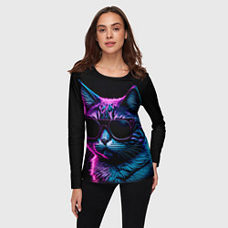 Лонгслив женский Неоновый котик в очках, цвет: 3D-принт — фото 2