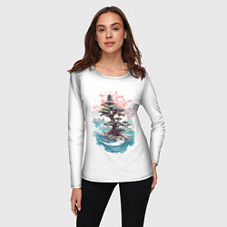Лонгслив женский Японское дерево и пагода в море, цвет: 3D-принт — фото 2