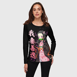 Лонгслив женский Незуко комадо и иероглифы - клинок, цвет: 3D-принт — фото 2