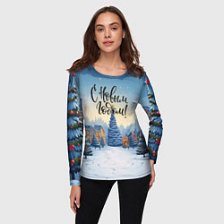 Лонгслив женский С новым годом елка на опушке, цвет: 3D-принт — фото 2