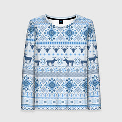 Лонгслив женский Blue sweater with reindeer, цвет: 3D-принт