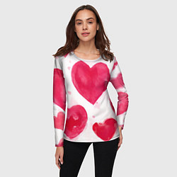 Лонгслив женский Акварельные красные сердечки, цвет: 3D-принт — фото 2