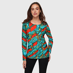 Лонгслив женский Голубые фрагменты на красном фоне, цвет: 3D-принт — фото 2