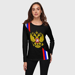 Лонгслив женский Россия герб триколор полосы, цвет: 3D-принт — фото 2