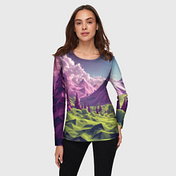 Лонгслив женский Геометрический зеленый пейзаж и фиолетовые горы, цвет: 3D-принт — фото 2