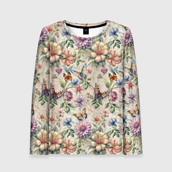 Женский лонгслив Летний узор с цветами и бабочками