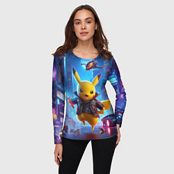 Лонгслив женский Кибер Пикачу в неоновом городе - нейросеть, цвет: 3D-принт — фото 2