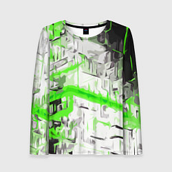 Женский лонгслив Бело-зелёная абстракция на чёрном фоне