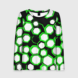 Женский лонгслив Бело-зелёные шестиугольники на чёрном фоне