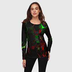 Лонгслив женский Красно-зелёные точки и линии на чёрном фоне, цвет: 3D-принт — фото 2