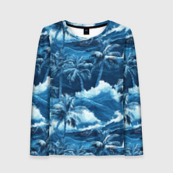 Женский лонгслив Пальмы и волны - голубые оттенки паттерн
