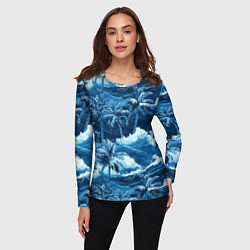 Лонгслив женский Пальмы и волны - голубые оттенки паттерн, цвет: 3D-принт — фото 2