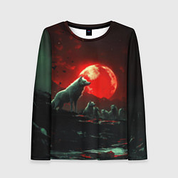 Лонгслив женский Белый волк на фоне красной луны, цвет: 3D-принт