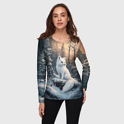 Лонгслив женский Белый лисенок в зимнем лесу, цвет: 3D-принт — фото 2