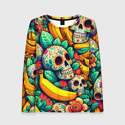 Лонгслив женский Паттерн из черепов и бананов - нейроарт, цвет: 3D-принт
