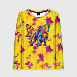 Лонгслив женский Слон с крыльями бабочки на цветочном фоне, цвет: 3D-принт