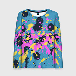 Женский лонгслив Брызги краски розовой желтой и темно синей