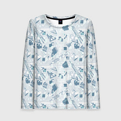 Лонгслив женский Мемфис синий с серым клетчатый геометрический узор, цвет: 3D-принт