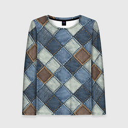 Лонгслив женский Джинсовый пэчворк ромбовый узор, цвет: 3D-принт