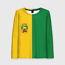 Лонгслив женский Новокузнецк, зелёно-жёлтый, герб и надпись на спин, цвет: 3D-принт