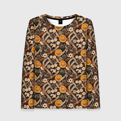 Лонгслив женский Новогодний орнамент с корицей и дольками апельсина, цвет: 3D-принт