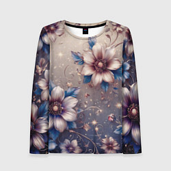 Лонгслив женский Сине-бежевый дымчатый с цветами, цвет: 3D-принт
