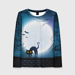 Женский лонгслив Полнолуние и черный кот - жуткий Хэллоуин