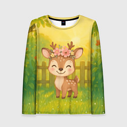 Лонгслив женский Милый олененок на зеленом дворе, цвет: 3D-принт