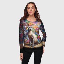 Лонгслив женский Коша породы Корниш-рекс на фоне граффити, цвет: 3D-принт — фото 2
