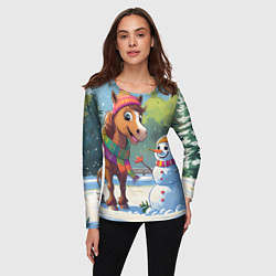 Лонгслив женский Лошадка и снеговик, цвет: 3D-принт — фото 2