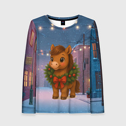 Лонгслив женский Лошадка с новогоднем венком 2026, цвет: 3D-принт