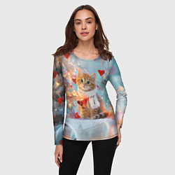 Лонгслив женский Рыжий новогодний котенок с сердечком, цвет: 3D-принт — фото 2