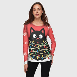 Лонгслив женский Котик в гирлянде, цвет: 3D-принт — фото 2