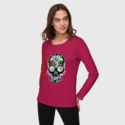 Лонгслив хлопковый женский Flowers - Art skull, цвет: маджента — фото 2