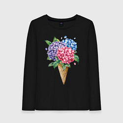 Лонгслив хлопковый женский Букет цветов в рожке, цвет: черный