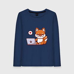 Лонгслив хлопковый женский Cute fox and laptop, цвет: тёмно-синий