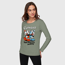 Лонгслив хлопковый женский Cuphead, Dont deal with devil, цвет: авокадо — фото 2