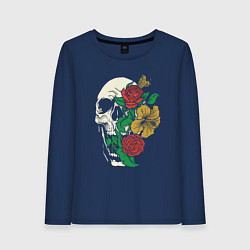 Лонгслив хлопковый женский Floral Roses Skull, цвет: тёмно-синий