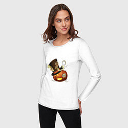 Лонгслив хлопковый женский Хэллоуин в стиле стимпанк с тыквой в шляпе, цвет: белый — фото 2