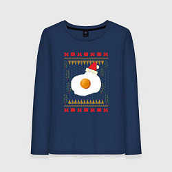 Лонгслив хлопковый женский Рождественский свитер Кот-яичница, цвет: тёмно-синий