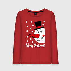 Лонгслив хлопковый женский Merry Christmas: снеговик в шляпе, цвет: красный