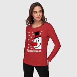 Лонгслив хлопковый женский Merry Christmas: снеговик в шляпе, цвет: красный — фото 2