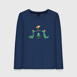 Лонгслив хлопковый женский Динозаврики и елка, цвет: тёмно-синий