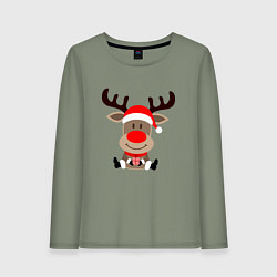 Лонгслив хлопковый женский Новогодний олень с подарком в руках, цвет: авокадо
