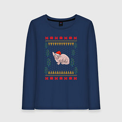 Лонгслив хлопковый женский Сфинкс рождественский свитер, цвет: тёмно-синий