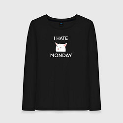 Лонгслив хлопковый женский I hate monday текст с котом, цвет: черный
