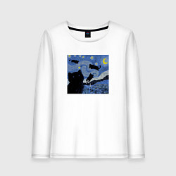 Лонгслив хлопковый женский Звездная Ночь Ван Гога с Котиками, цвет: белый