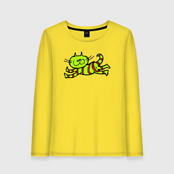 Лонгслив хлопковый женский Зеленый полосатый кот, цвет: желтый