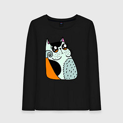 Лонгслив хлопковый женский Абстрактный котик, цвет: черный