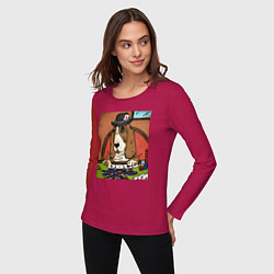 Лонгслив хлопковый женский Бассет-хаунд с картами, цвет: маджента — фото 2